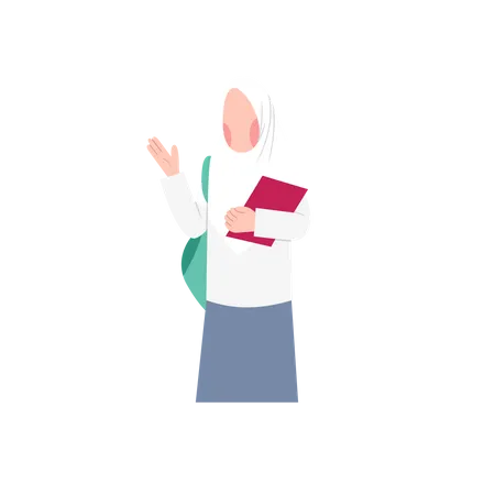 Estudante feminina de Hijab com bolsa e livro  Ilustração