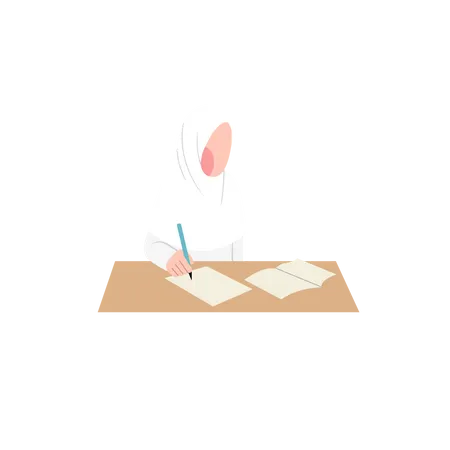 Estudante feminina de Hijab fazendo lição de casa  Ilustração