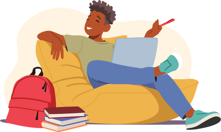 Estudante masculino relaxado sentado com laptop e livros no pufe durante o período educacional  Ilustração