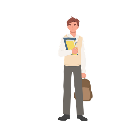 Estudante do sexo masculino segurando livro e bolsa  Ilustração