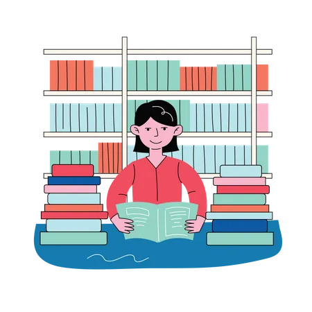 Estudante lendo livros na biblioteca  Ilustração