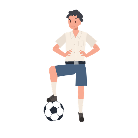 Menino estudante jogando futebol  Ilustração