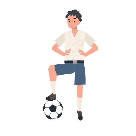 Menino estudante jogando futebol  Ilustração