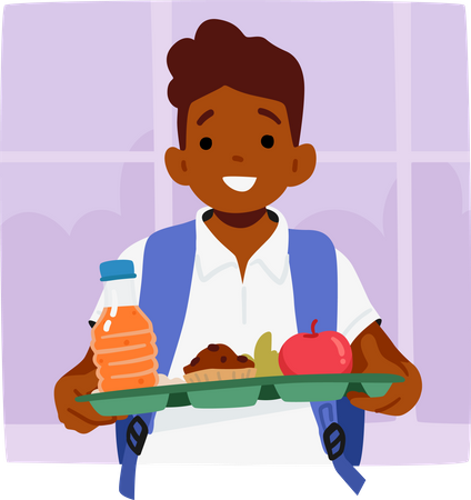 Personagem de estudante segurando uma bandeja de almoço navegando ansiosamente pela movimentada cafeteria  Ilustração