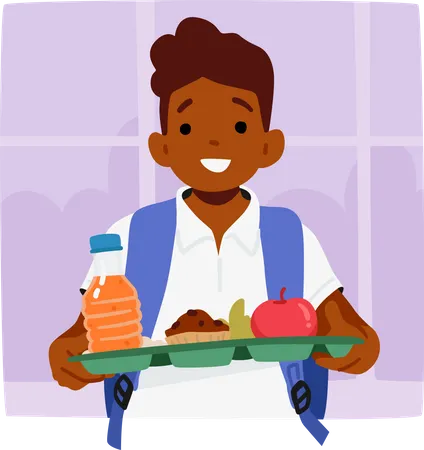 Personagem de estudante segurando uma bandeja de almoço navegando ansiosamente pela movimentada cafeteria  Ilustração