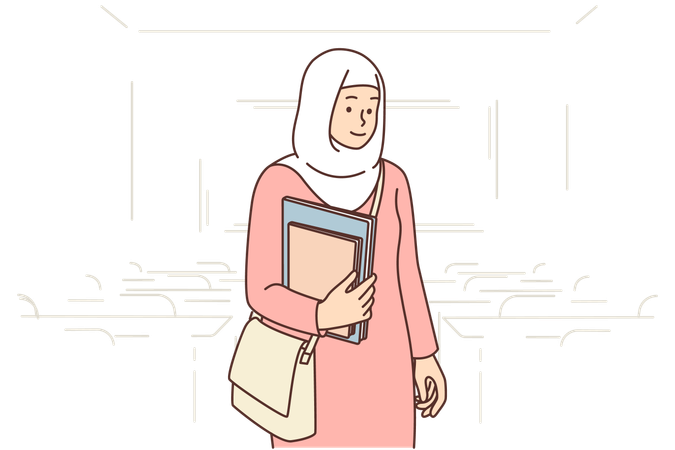 Aluna muçulmana fica no auditório com livros nas mãos  Ilustração