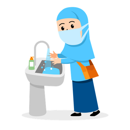 Estudante muçulmano lavando as mãos  Ilustração