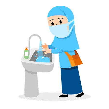 Estudante muçulmano lavando as mãos  Ilustração