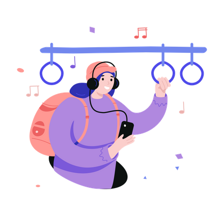 Estudante ouvindo música no metrô  Ilustração