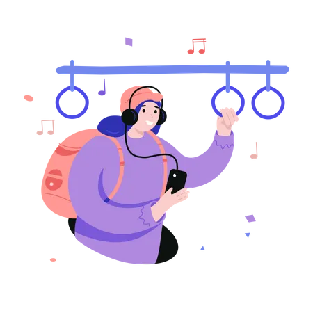 Estudante ouvindo música no metrô  Ilustração