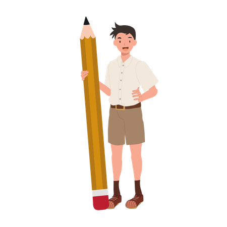 Estudante tailandês confiante em uniforme com lápis grande  Ilustração