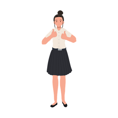 Estudante universitário de uniforme mostrando gesto positivo com o polegar para cima  Ilustração