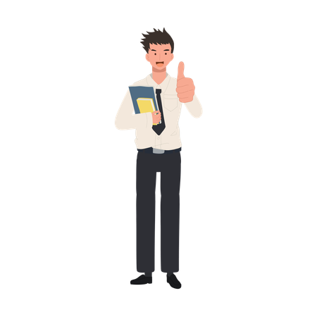 Estudante universitário está segurando livros e mostrando polegares para cima. Gesto Positivo  Ilustração