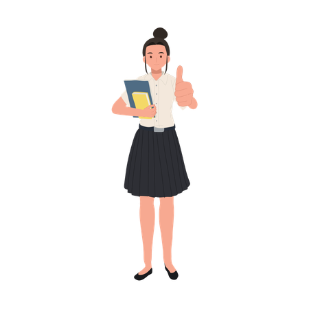 Estudante universitário tailandês de uniforme está segurando livros e mostrando gesto positivo  Ilustração