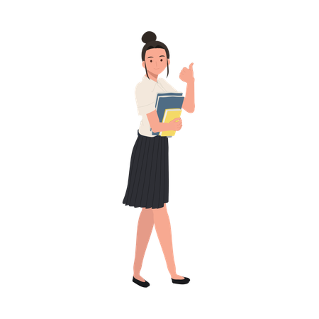 Estudante universitário tailandês de uniforme mostrando o polegar para cima, gesto positivo  Ilustração