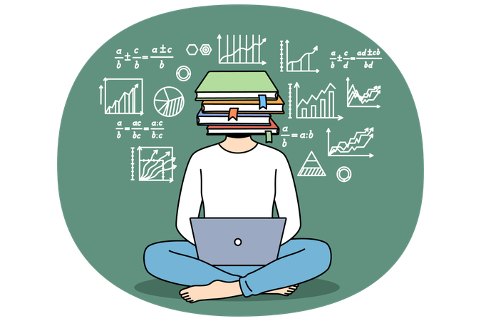 Estudante usa laptop sentado no chão  Ilustração