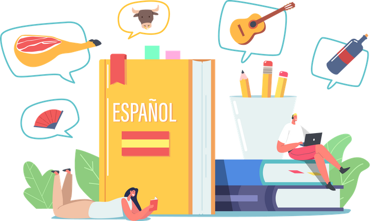 Alunos aprendendo a língua espanhola  Ilustração