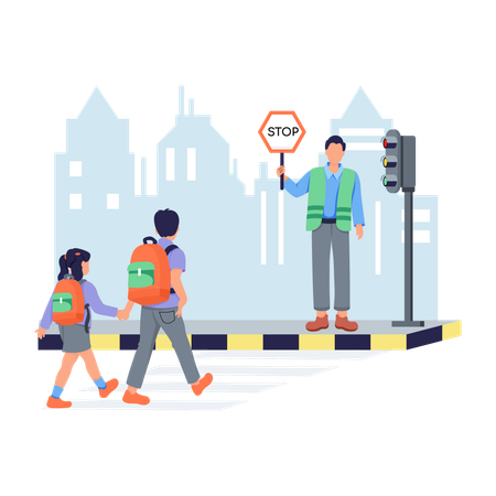 Estudantes atravessando a estrada no semáforo  Ilustração