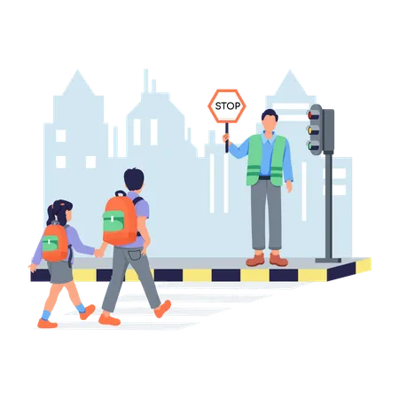 Estudantes atravessando a estrada no semáforo  Ilustração