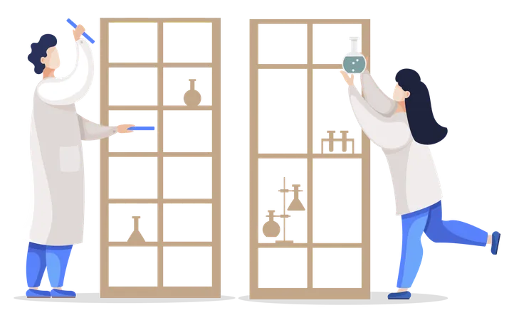 Estudantes de química trabalhando em laboratório de ciências  Ilustração