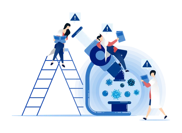 Estudantes e médicos examinam o desenvolvimento do vírus sob microscópio  Ilustração