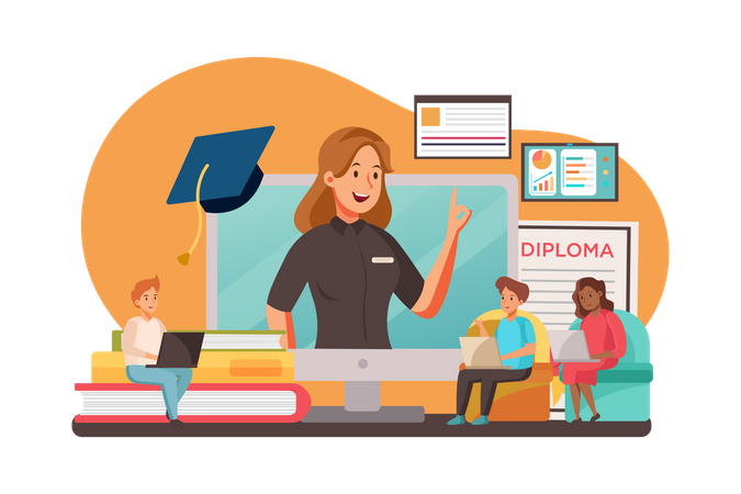 Alunos estudando em programa de graduação on-line  Ilustração