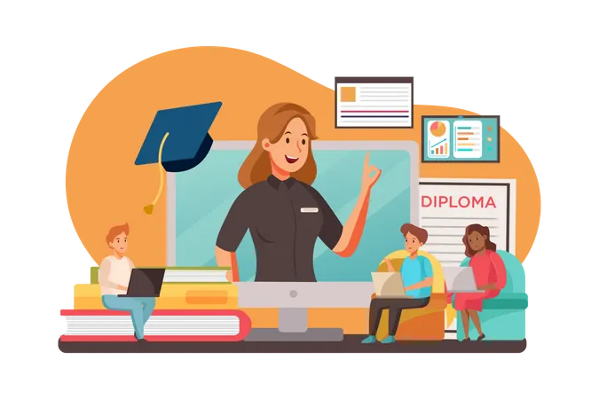 Alunos estudando em programa de graduação on-line  Ilustração