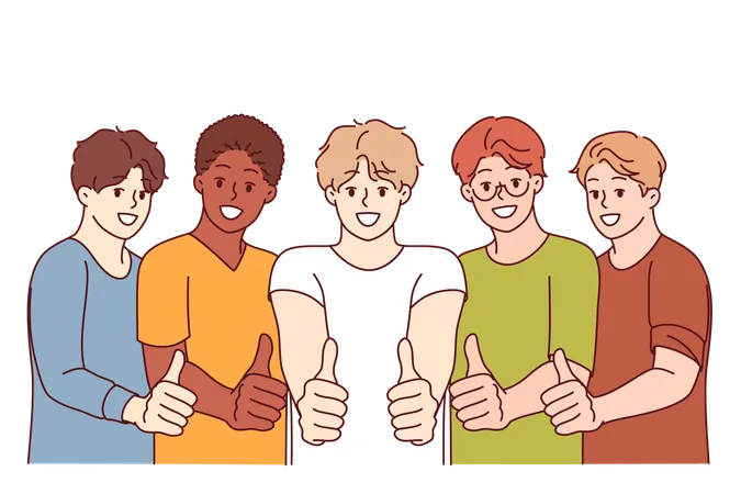 Estudantes multiétnicos mostram polegares para cima como sinal que confirma a ausência de problemas inter-raciais na sociedade  Ilustração