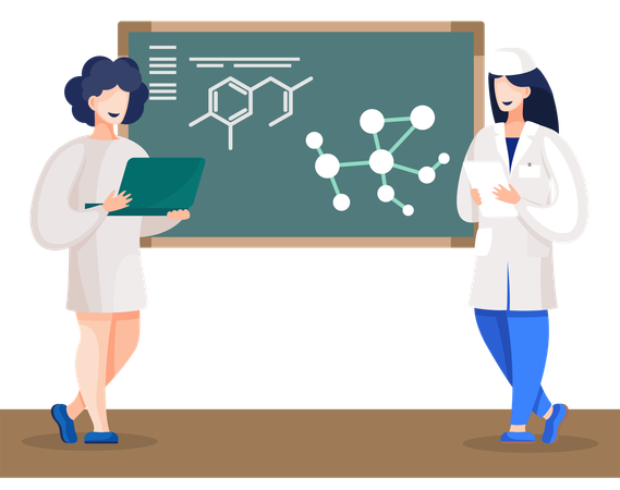 Alunos de Química em pé no quadro-negro com molécula  Ilustração