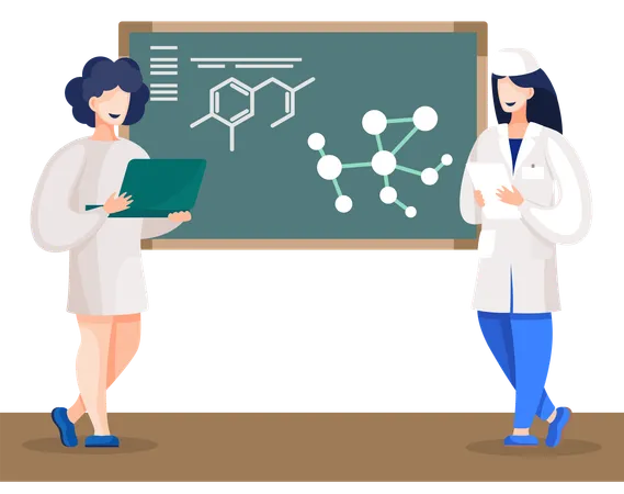 Alunos de Química em pé no quadro-negro com molécula  Ilustração