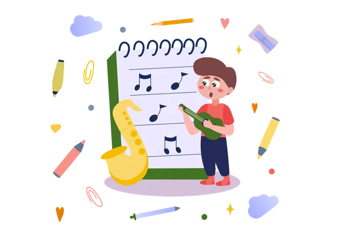 Estudiante aprende música en clase de música.  Ilustración