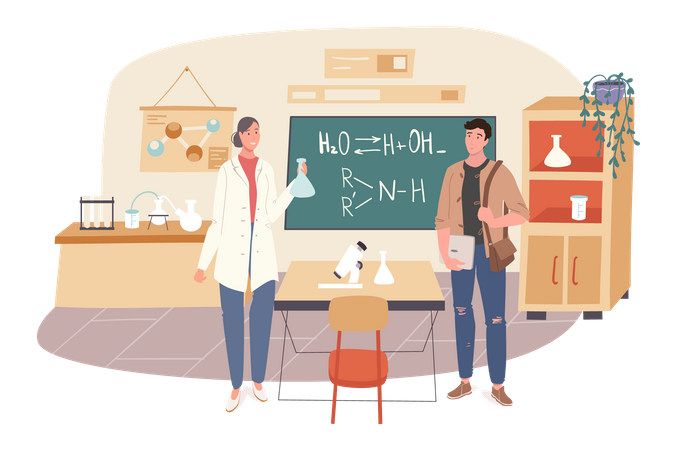 Estudiante aprende química en el aula  Ilustración