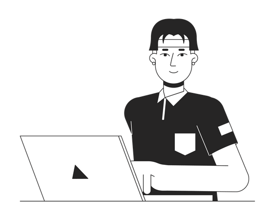Estudiante asiático escribiendo en la computadora portátil  Ilustración