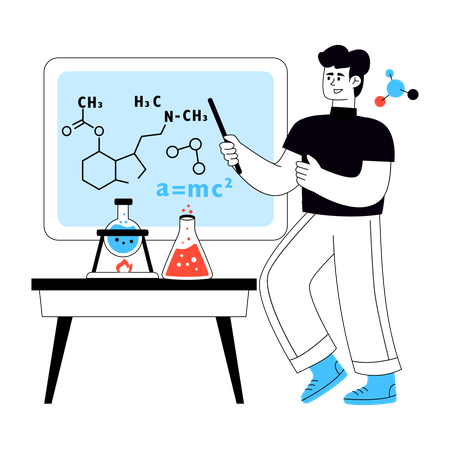 Estudiante asiste a clase de química  Ilustración