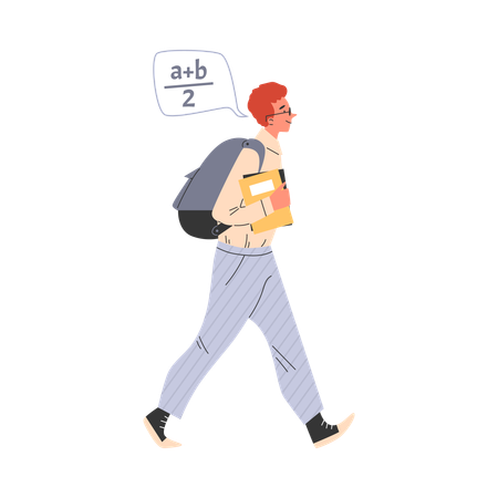 Estudiante caminando con ropa casual con mochila y libros mientras piensa en ejemplos matemáticos.  Ilustración