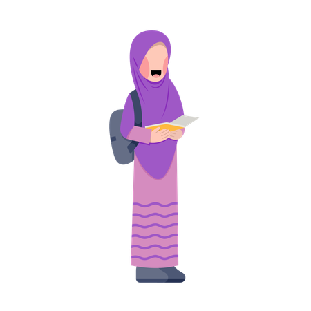 Estudiante con hijab leyendo un libro  Ilustración