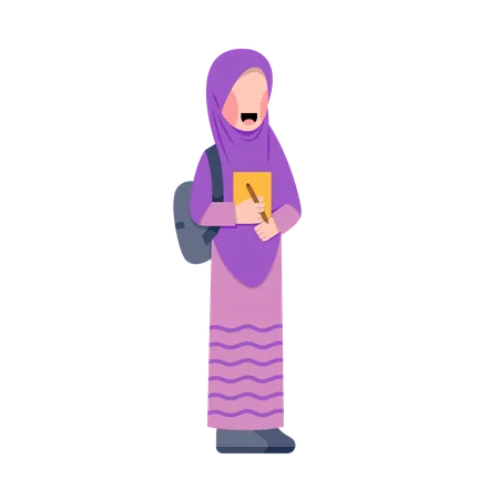 Chica estudiante con hijab sosteniendo un libro  Ilustración