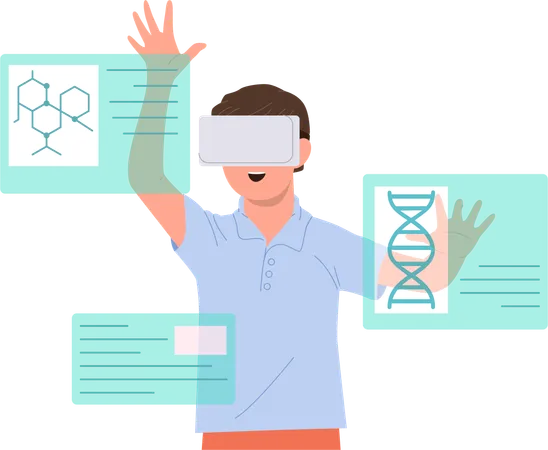 Estudiante de escuela que usa gafas de realidad virtual y estudia química en una lección en metaverso  Ilustración