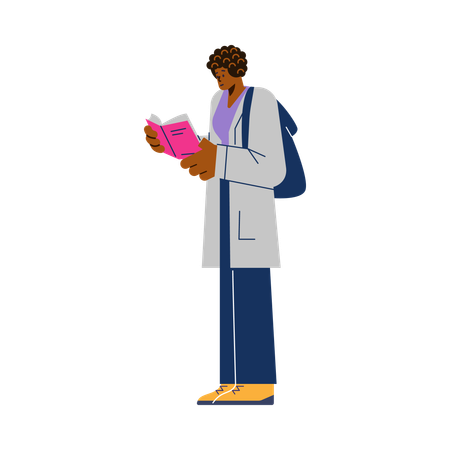 Estudiante de medicina afroamericano leyendo un libro  Ilustración