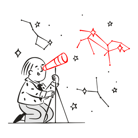 Estudiante explorando estrellas a través del telescopio  Ilustración