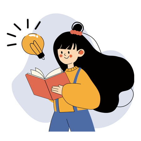 Estudiante feliz con el pelo largo sosteniendo un libro y un símbolo de idea de bombilla  Ilustración