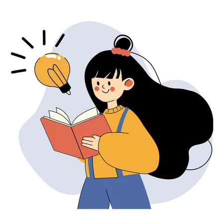 Estudiante feliz con el pelo largo sosteniendo un libro y un símbolo de idea de bombilla  Ilustración
