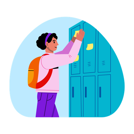 Estudiante femenina pegando una nota en el casillero  Illustration