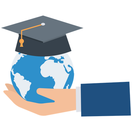 Estudiante graduado de éxito sosteniendo forma de globo usando birrete académico ha  Ilustración