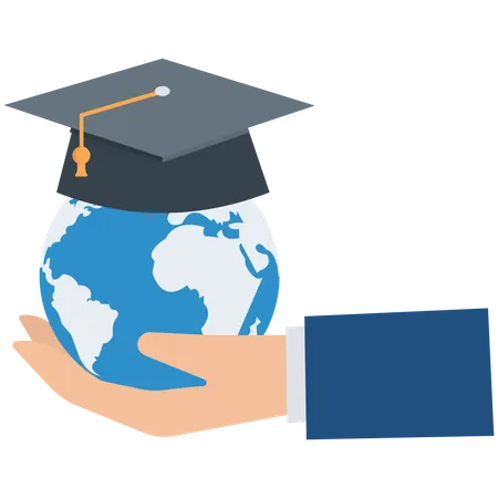 Estudiante graduado de éxito sosteniendo forma de globo usando birrete académico ha  Ilustración