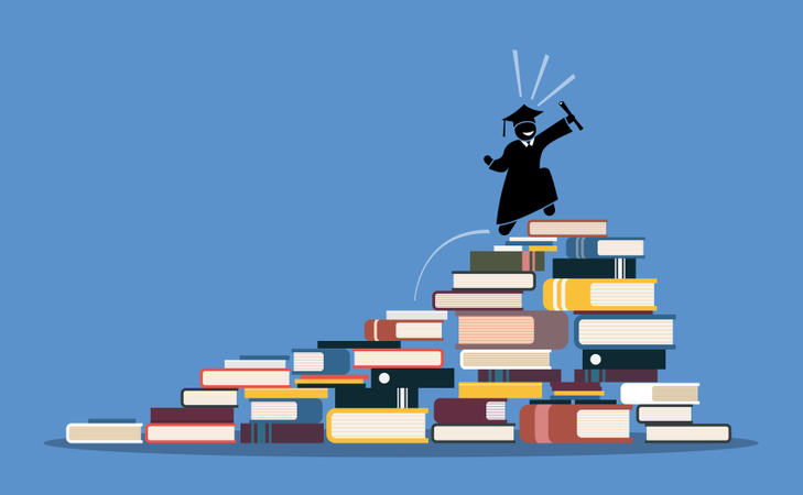 Feliz estudiante graduado subiendo a la cima de las pilas de libros  Ilustración