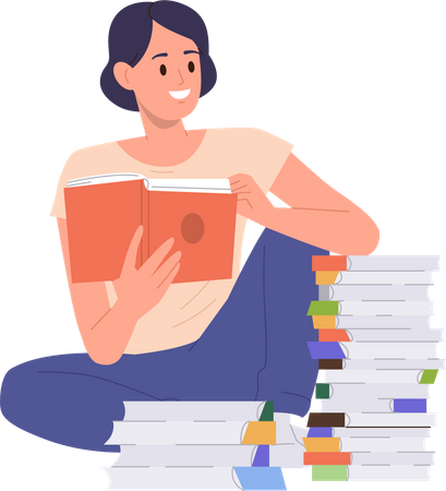 Mujer joven leyendo sentado en el saco de libros  Ilustración