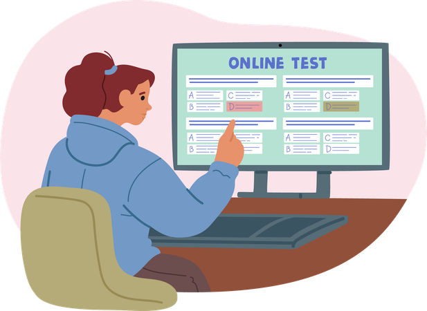 Estudiante joven toma examen en línea en computadora  Ilustración