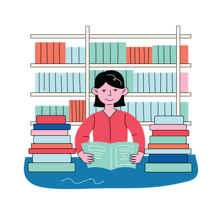 Estudiante leyendo libros en la biblioteca.  Ilustración