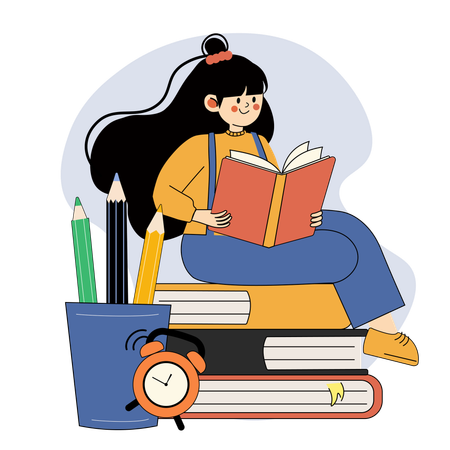 Estudiante leyendo un libro rodeado de útiles escolares  Ilustración